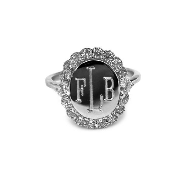 Sterling Silver Oval Large CZ Border Engravable Ring