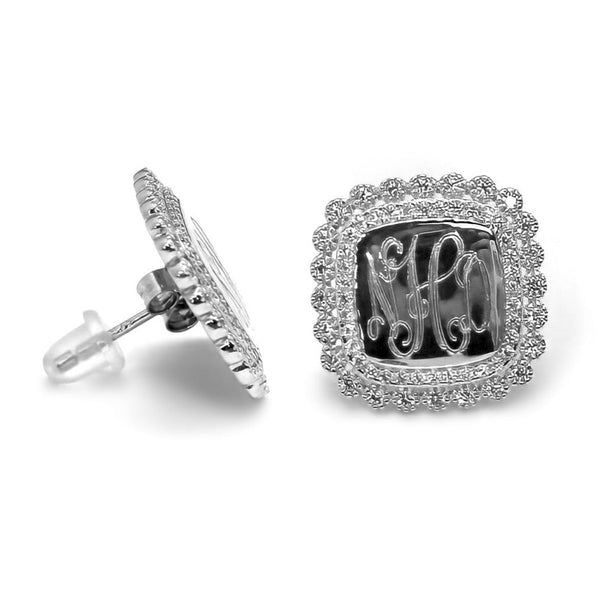Sterling Silver Engravable Decorative Square CZ Earrings