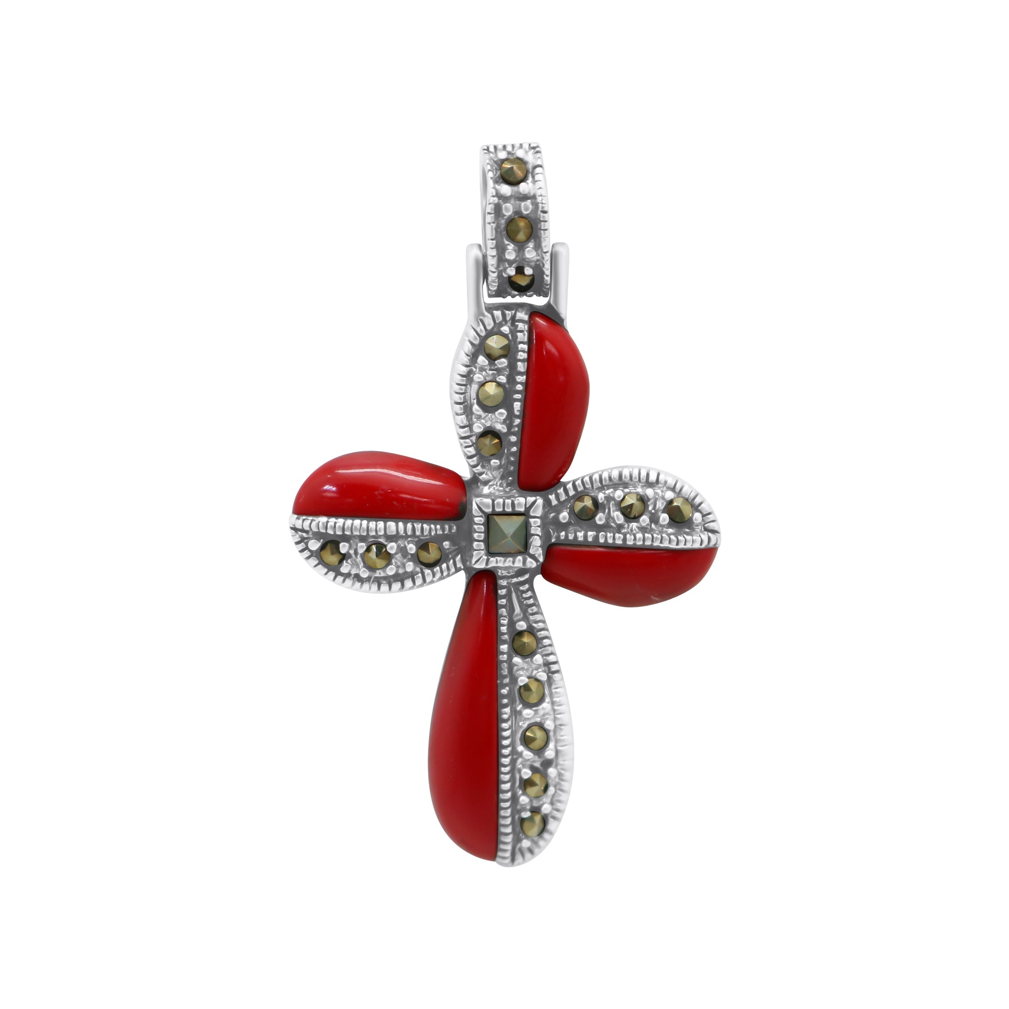 Sterling Silver Cross with Marcasite and Red Jasper Stone - CR12