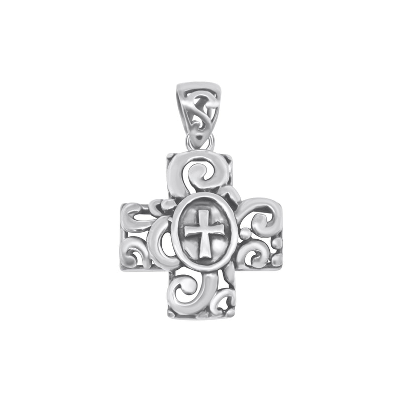 Sterling Silver Filagree Cross Pendant With Oval Cross In Center -CR50