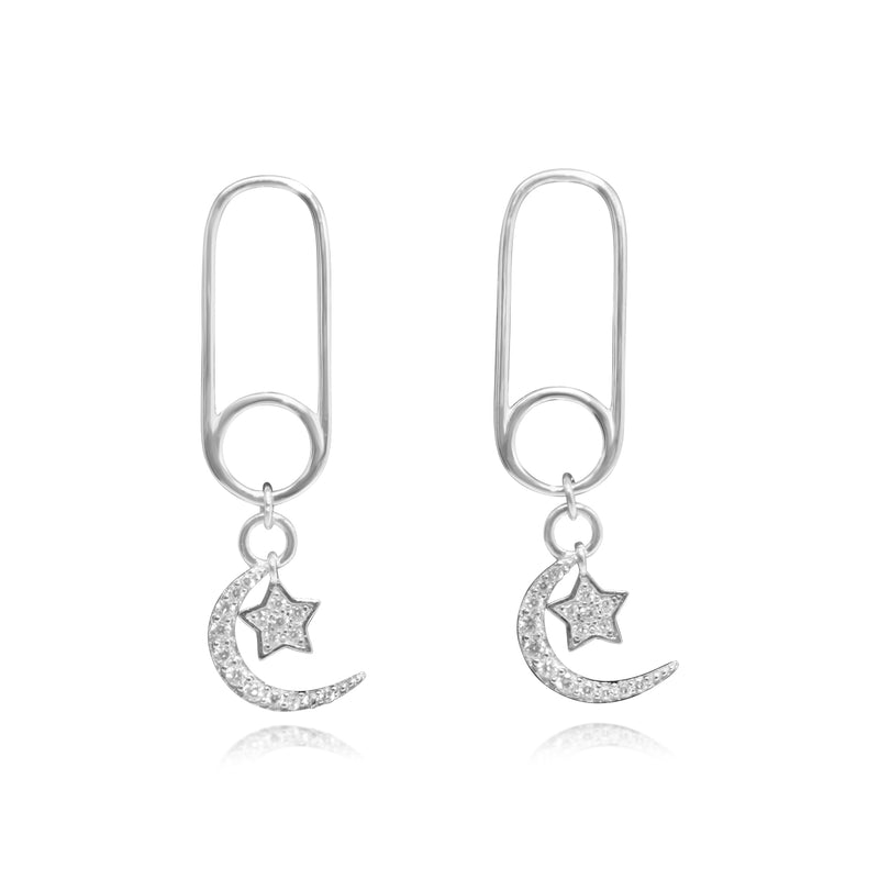 STERLING SILVER CZ PAPERCLIP W/ CRESCENT/STAR DANGLE STUD EARRING - Atlanta Jewelers Supply