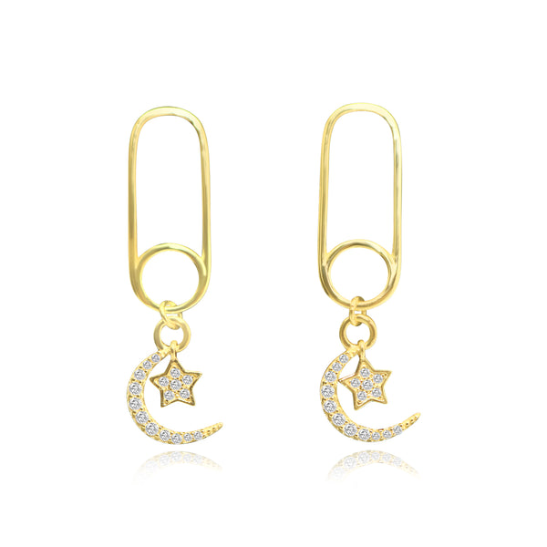 STERLING SILVER CZ PAPERCLIP W/ CRESCENT/STAR DANGLE STUD EARRING - Atlanta Jewelers Supply