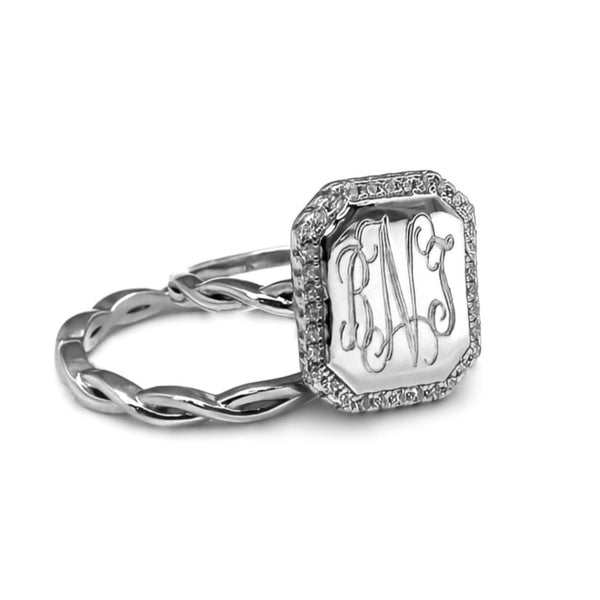 Sterling Silver Engravable Soft CZ Rectangle Engravable Plain Rope Stackable Ring