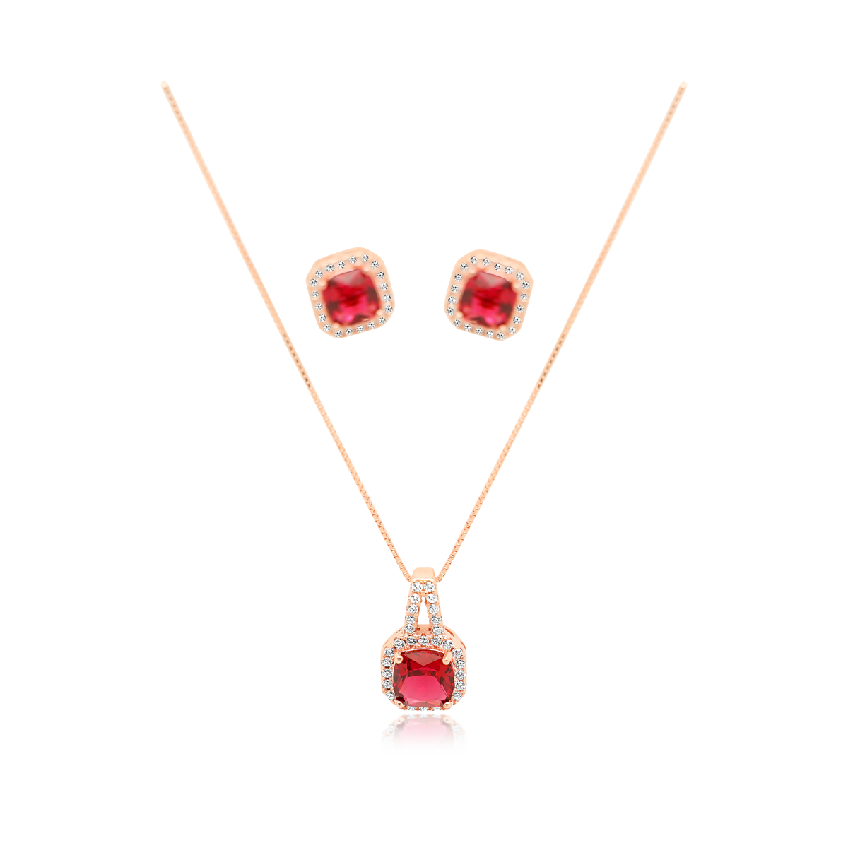 ROSE RED CZ W/ CZ HALO NECKLACE & MATCHING EARRING SET - Atlanta Jewelers Supply