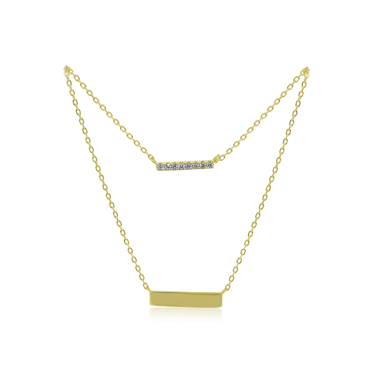 GOLD CZ BAR & POLISHED BAR DOUBLE LAYER NECKALCE - Atlanta Jewelers Supply