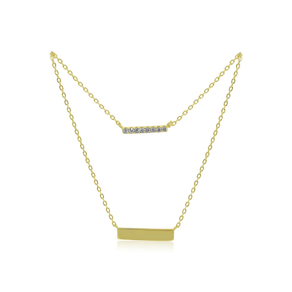 GOLD CZ BAR & POLISHED BAR DOUBLE LAYER NECKALCE - Atlanta Jewelers Supply