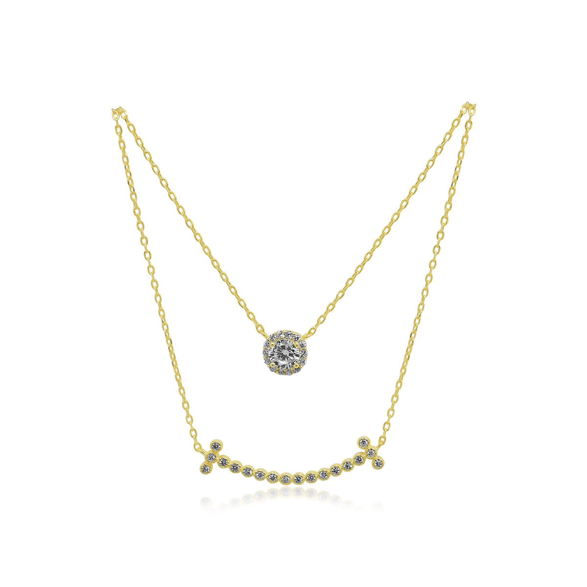 GOLD CZ HALO/ CZ CURVED BAR DOUBLE LAYER NECKLACE - Atlanta Jewelers Supply
