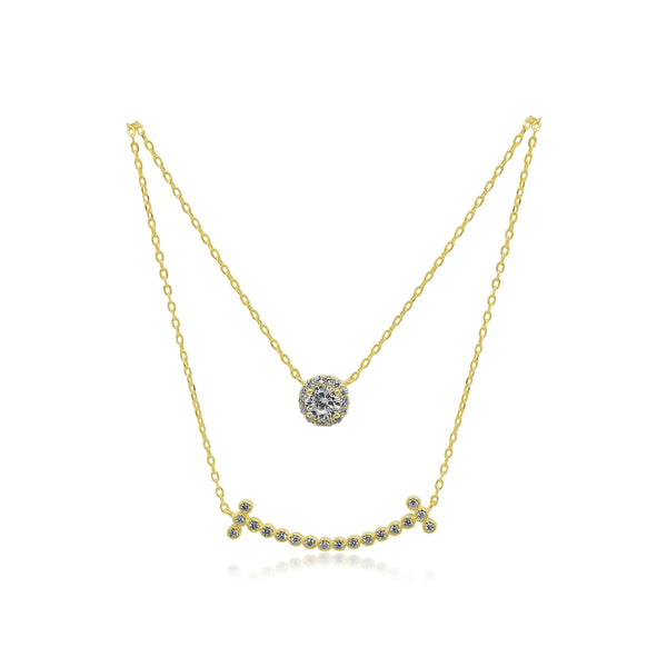 GOLD CZ HALO/ CZ CURVED BAR DOUBLE LAYER NECKLACE - Atlanta Jewelers Supply