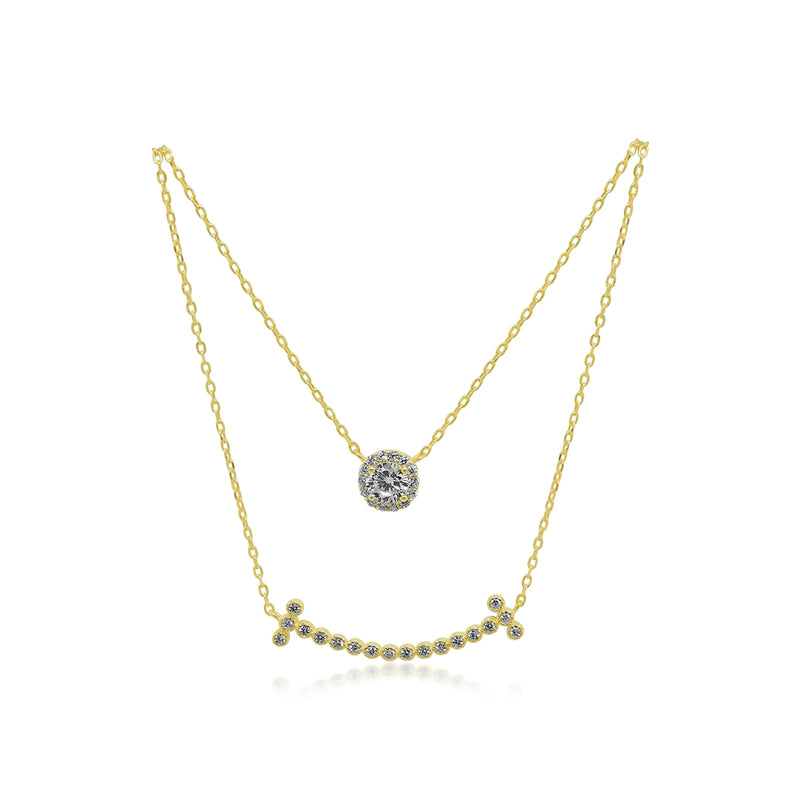 GOLD CZ HALO/ CZ CURVED BAR DOUBLE LAYER NECKLACE - Atlanta Jewelers Supply