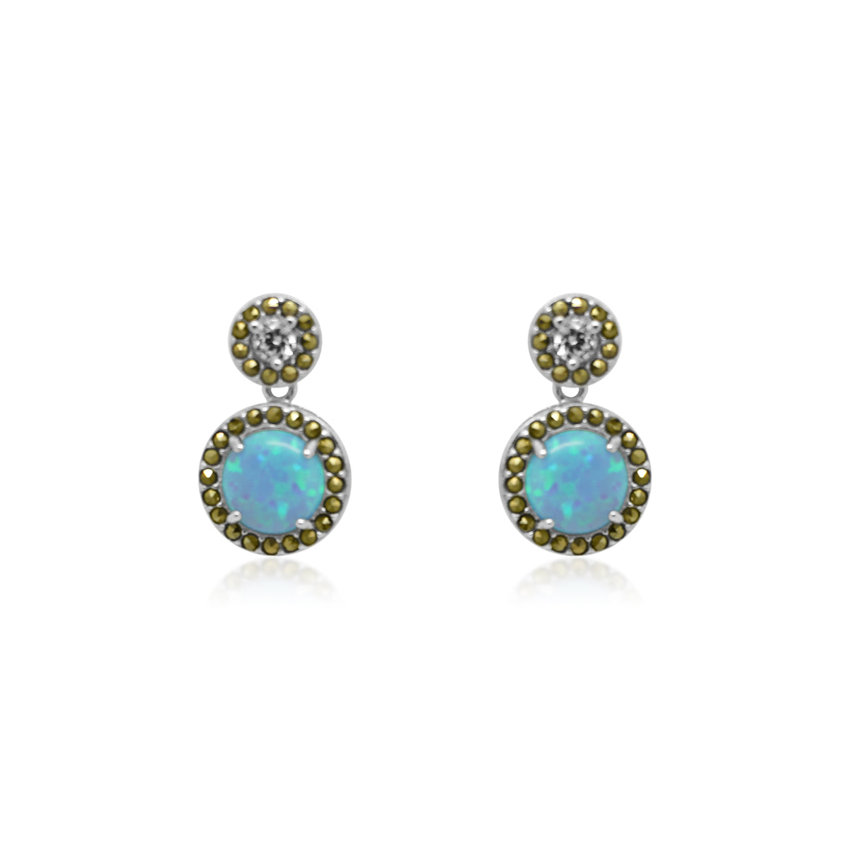 STERLING SILVER LIGHT BLUE OPAL & CZ MARCASITE ROUND DROP POST EARRING - Atlanta Jewelers Supply