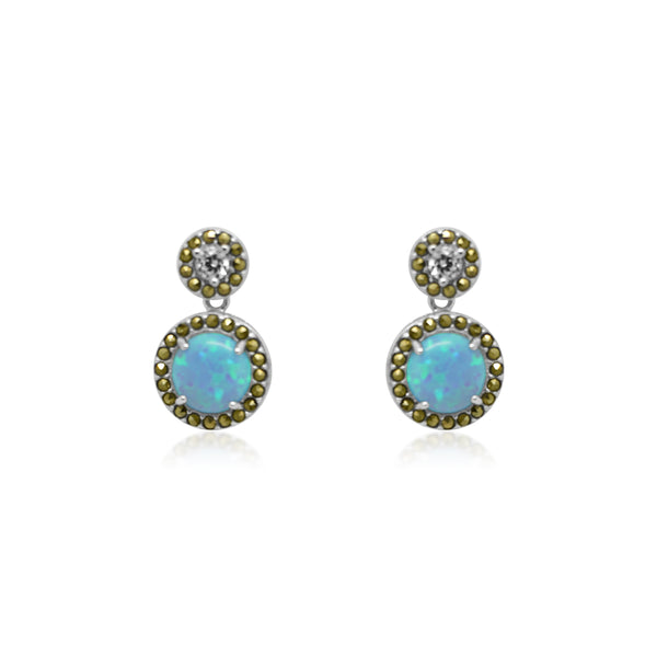 STERLING SILVER LIGHT BLUE OPAL & CZ MARCASITE ROUND DROP POST EARRING - Atlanta Jewelers Supply