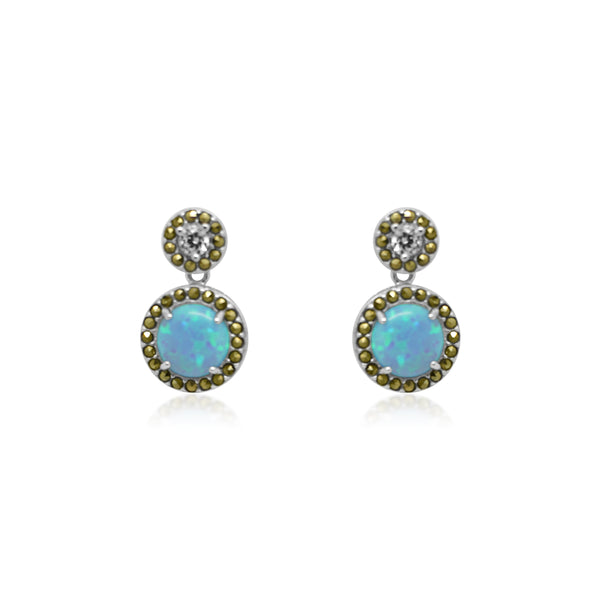 STERLING SILVER LIGHT BLUE OPAL & CZ MARCASITE ROUND DROP POST EARRING - Atlanta Jewelers Supply
