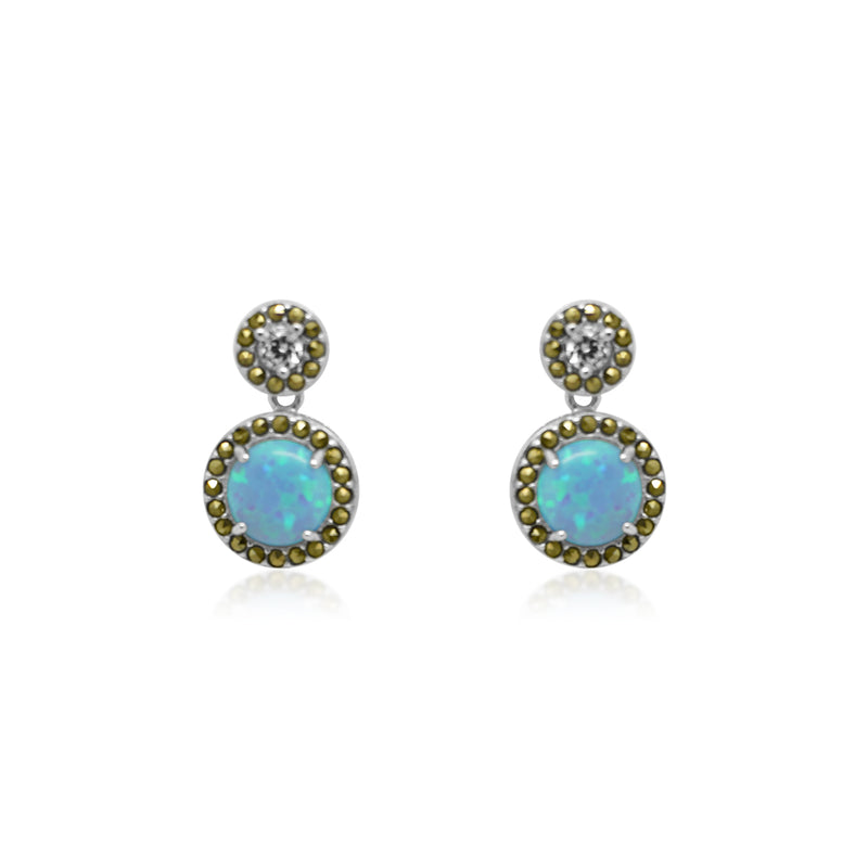STERLING SILVER LIGHT BLUE OPAL & CZ MARCASITE ROUND DROP POST EARRING - Atlanta Jewelers Supply