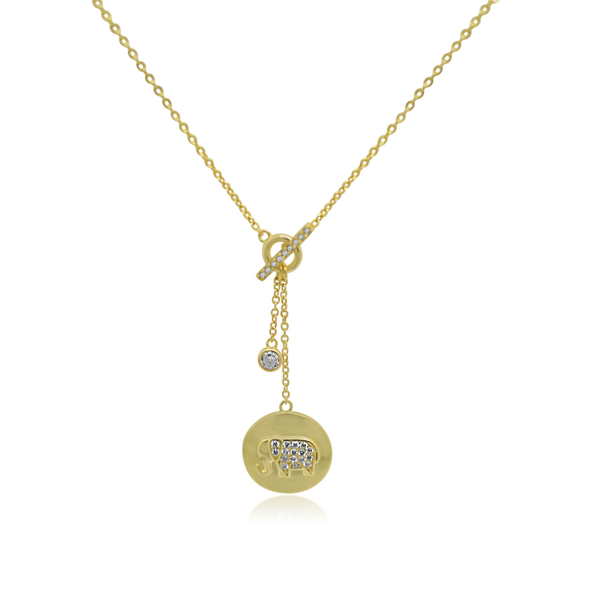 GOLD CZ BAR W/ DROP CZ ELEPHANT DISC & CZ DANGLE STATION "Y" NECKLACE - Atlanta Jewelers Supply