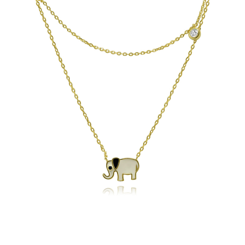 GOLD CZ ENAMEL ELEPHANT & CZ BEZEL DISC DOUBLE STRAND CABLE CHAIN CHARM NECKLACE - Atlanta Jewelers Supply