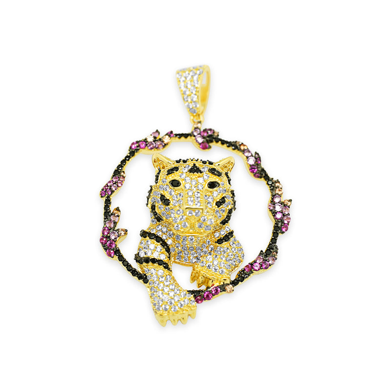 Sterling Silver Tiger Jumping Through Multi Colored Hoop CZ Pendant - Atlanta Jewelers Supply