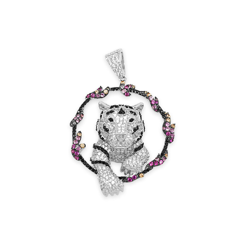 Sterling Silver Tiger Jumping Through Multi Colored Hoop CZ Pendant - Atlanta Jewelers Supply