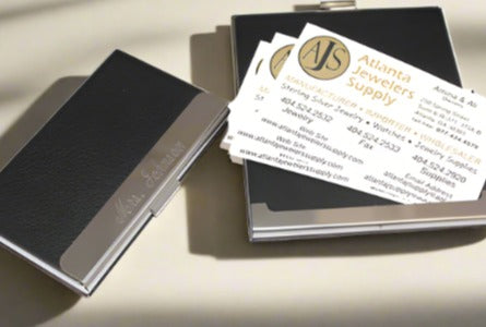 An Engravable Leatherette Business Card Holder With Long Engrave Plate - Atlanta Jewelers Supply