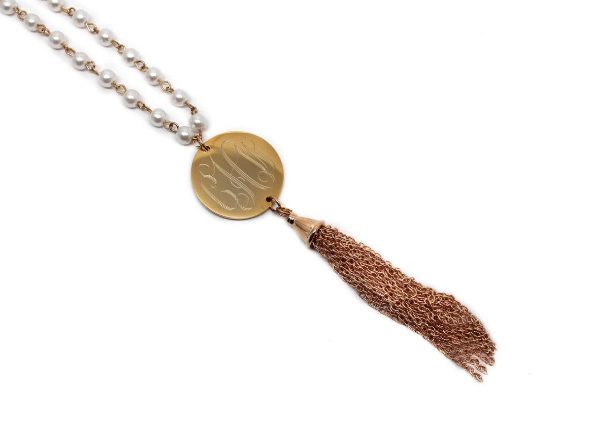 Engravable Non Silver Stainless Steel Engraved Round Pendant With Pearl Chain Necklace - Atlanta Jewelers Supply