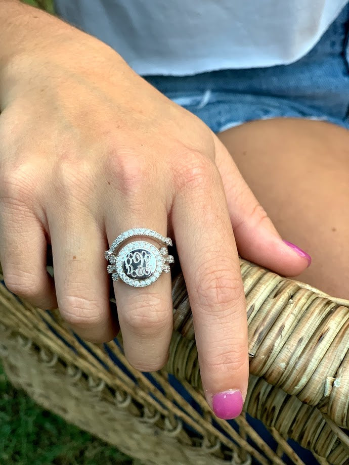 Enthralling Engravable Jasmine Sterling Silver Circle 3 diamond delight CZ Ring with Curved wrap around Band - Atlanta Jewelers Supply