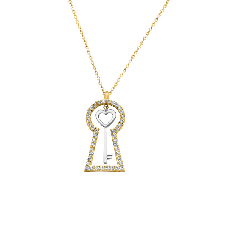 14k Gold CZ Lock w/ White Gold Heart Key Necklace - Atlanta Jewelers Supply