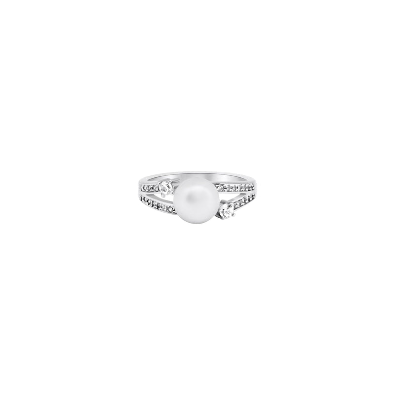 Sterling Silver CZ 2 Line Pearl Center Ring
