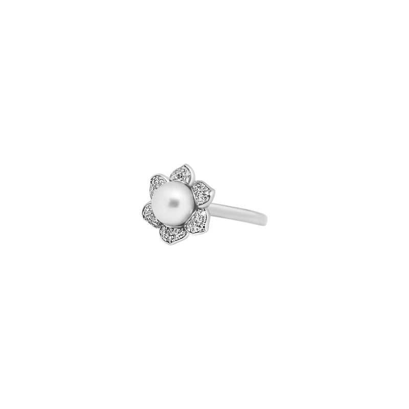 Sterling Silver CZ Flower With Pearl Ring