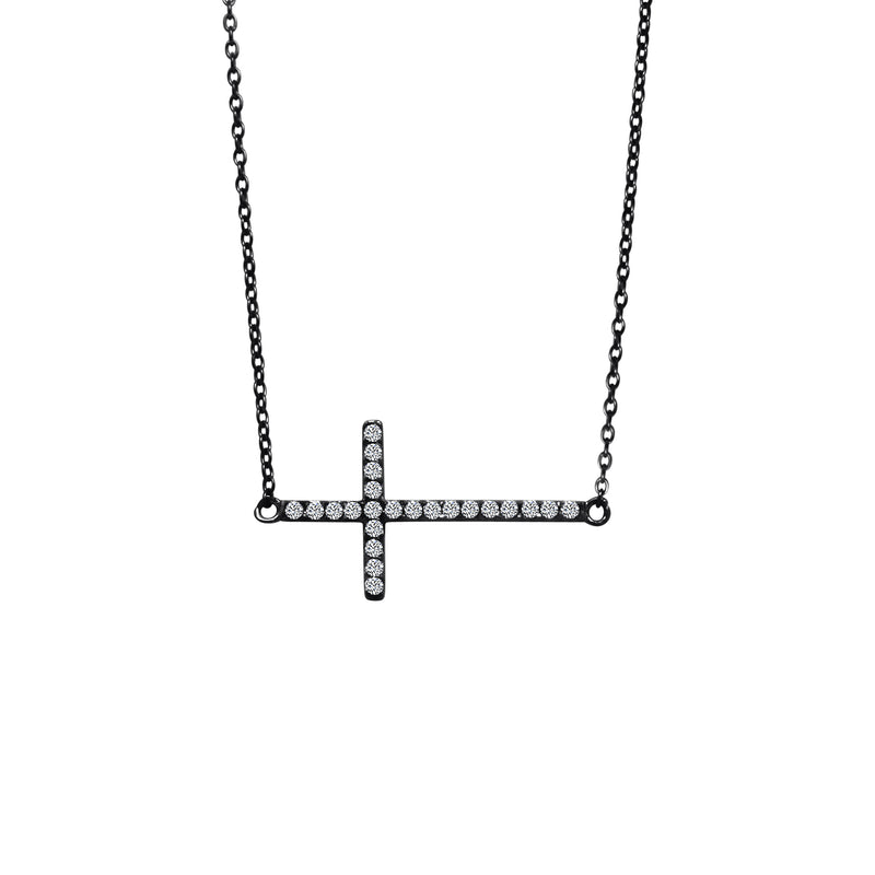 Sterling Silver Sideways Gunmetal CZ Cross Necklace