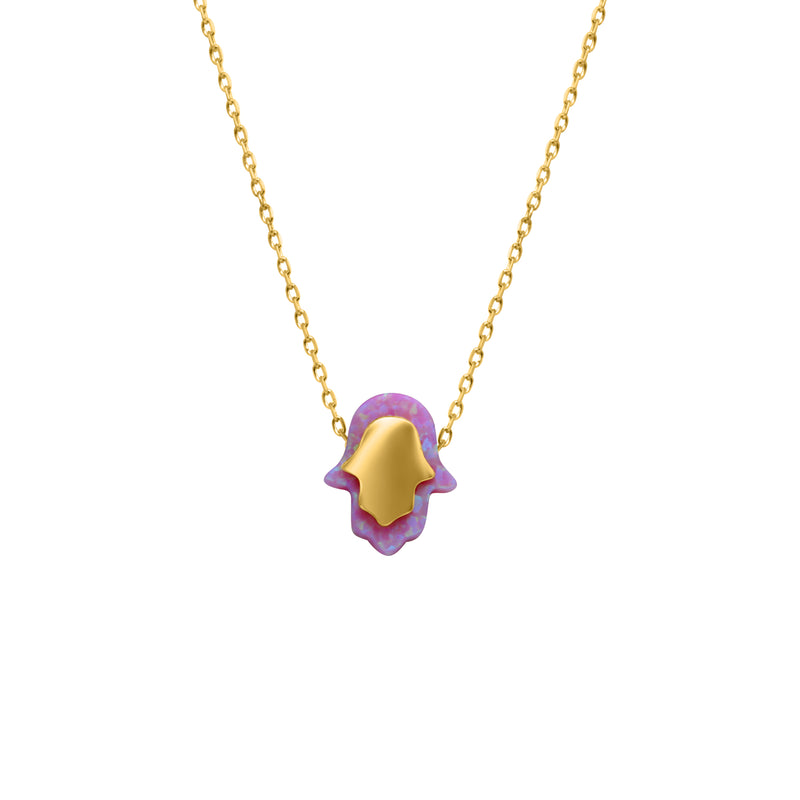 Sterling Silver Gold Plated Pink Opal Hamsa Necklace