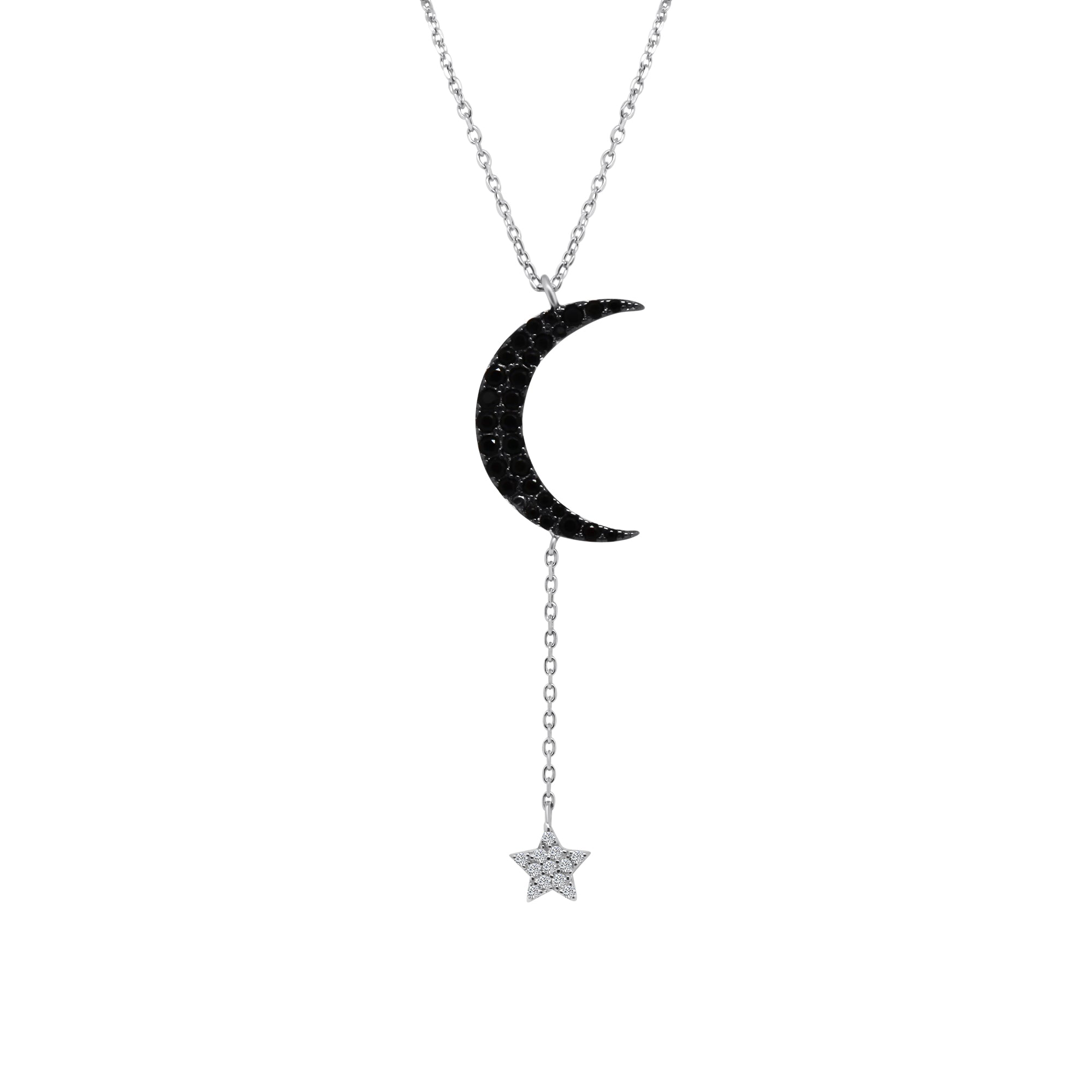 Sterling Silver Black Gem Stone Moon and Dangle CZ Star (2 Colors)
