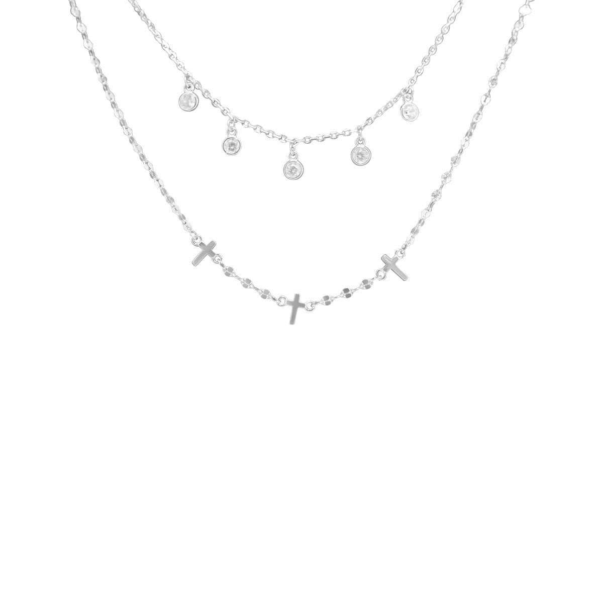 SS CZ DANGLE STATIONS/CROSS STATIONS DOUBLE LAYER NECKLACE - Atlanta Jewelers Supply