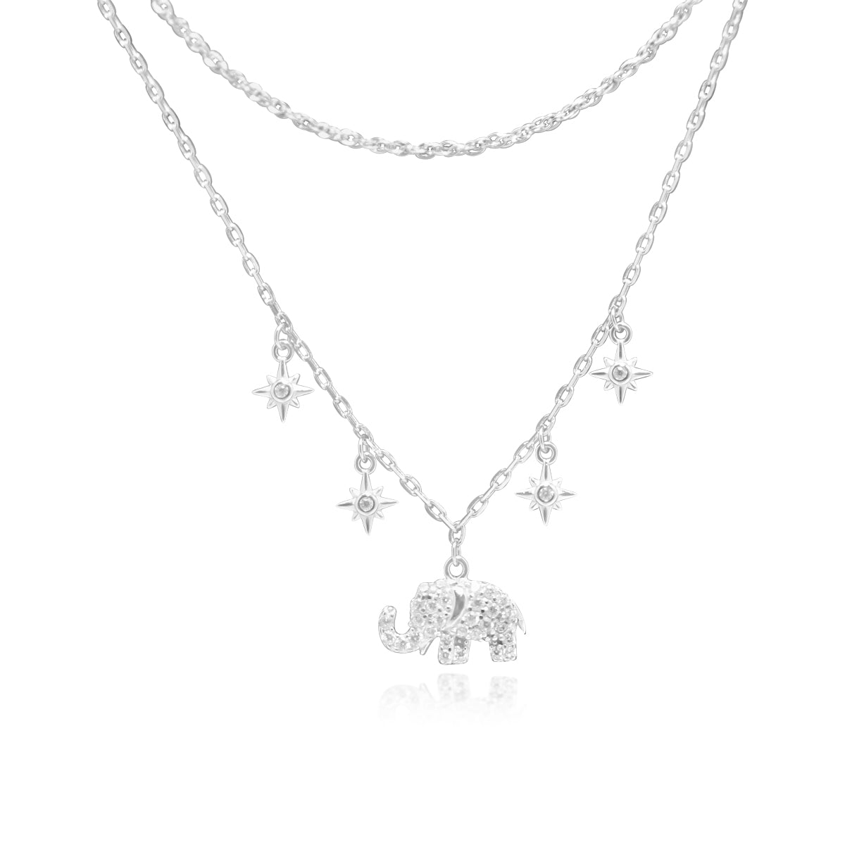 SS CZ ELEPHANT W/ DANGLE STARBURST STATIONS DOUBLE LAYER NECKLACE - Atlanta Jewelers Supply