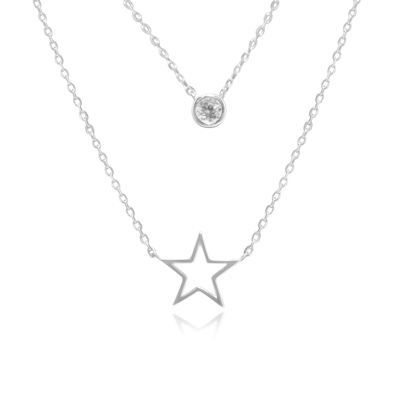 SS BEZEL CZ STATION & POLISHED OPEN STAR DOUBLE LAYER NECKLACE AND EARRING SET - Atlanta Jewelers Supply