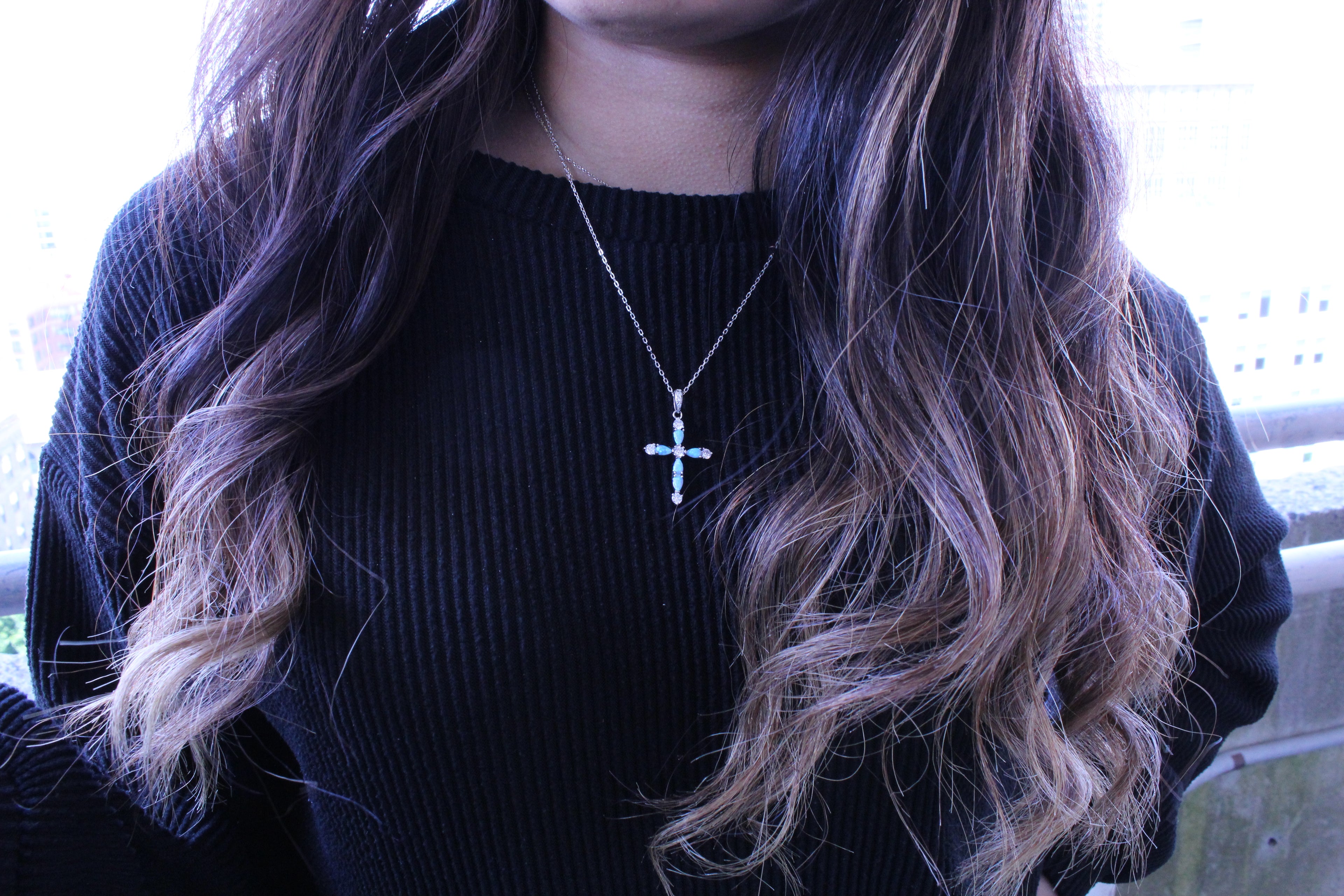 Sterling Silver Blue Opal CZ Cross Necklace