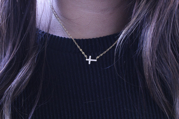 Sterling Silver Sideways  CZ Cross Necklace