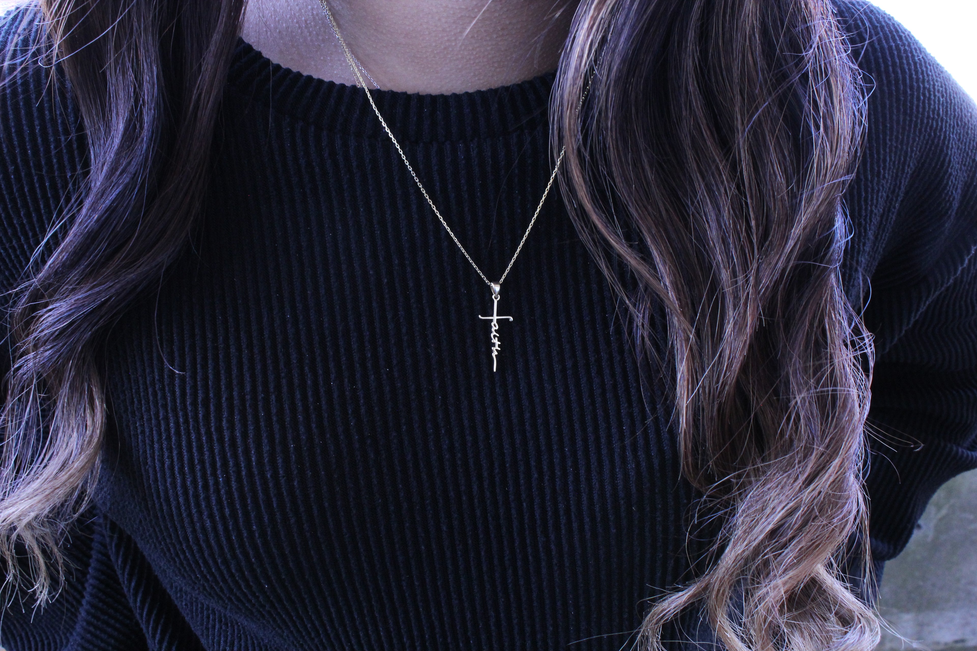 Sterling Silver Faith Cross Cursive Drop Down Necklace