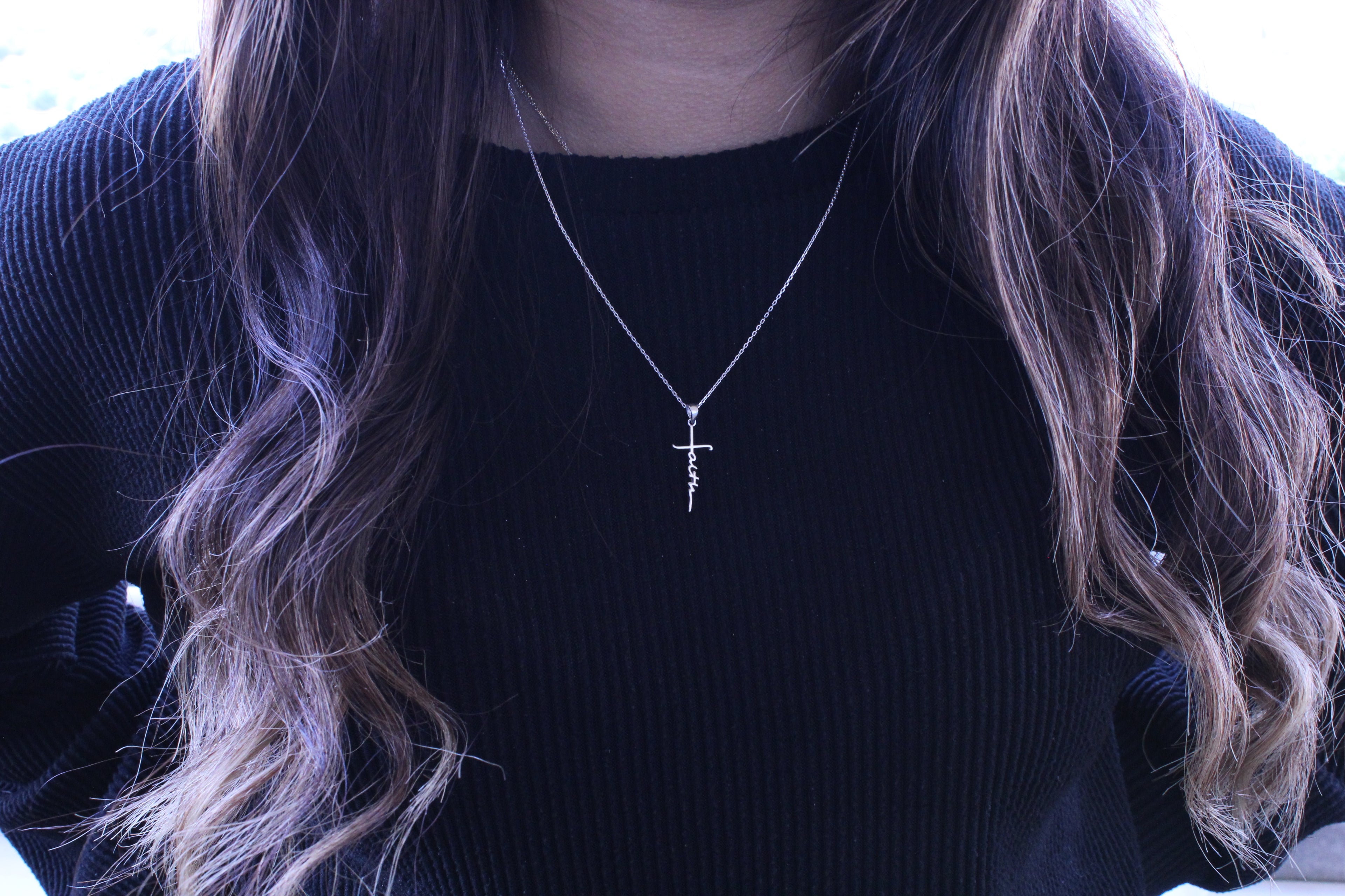 Sterling Silver Faith Cross Cursive Drop Down Necklace