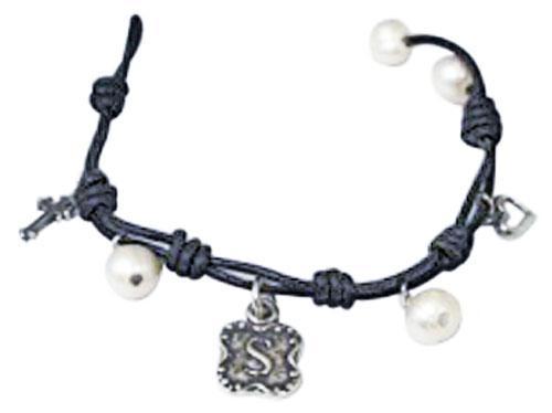 HAND KNOTTED BLACK, FINE GREEK LEATHER BRACELET WITH WAXING POETIC INITIAL CHARM AND PEARL - Ali Wholesale Express