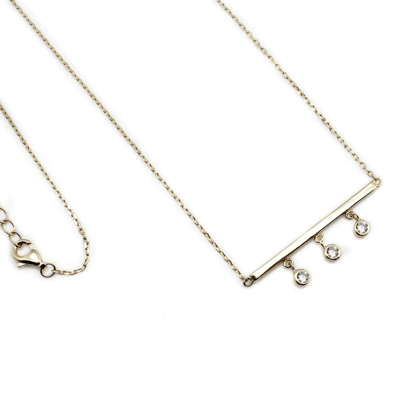 Sterling Silver Bar Necklace W/ 3 Dangle CZ Stones