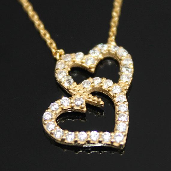 An Elegant Sterling Silver Gold Double Heart Necklace With Cz Mounted Stones - Atlanta Jewelers Supply