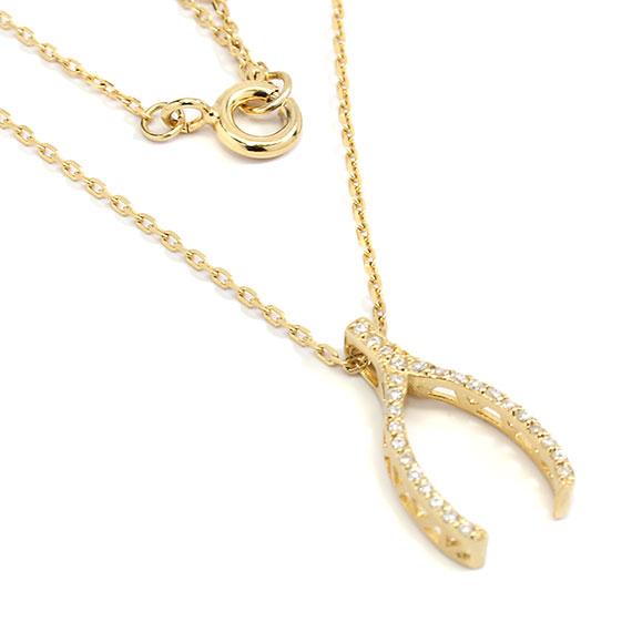 Sterling Silver Gold Plated Wishbone CZ Necklace