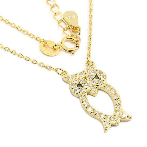 Stylish Sterling Silver 0.8 X 0.4 Gold Owl Necklace With Clear Cz Stones - Atlanta Jewelers Supply