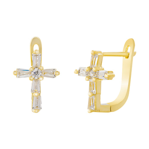 Sterling Silver CZ Cross Baguette Earrings