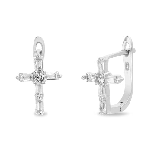 Sterling Silver CZ Cross Baguette Earrings