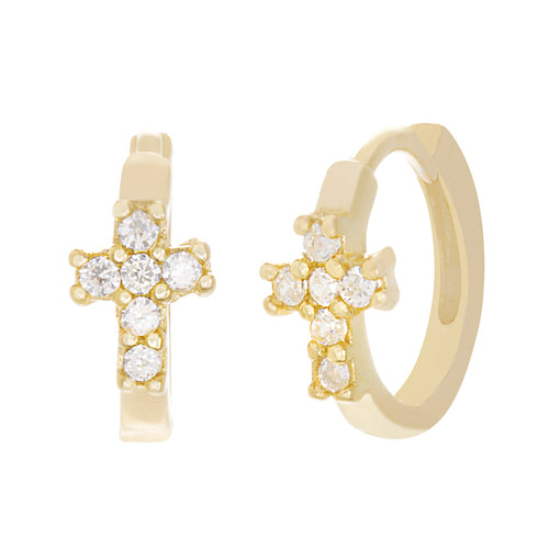 Sterling Silver CZ Cross Huggie Earrings