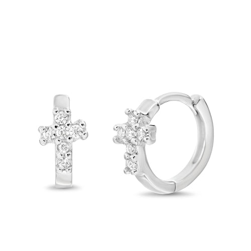 Sterling Silver CZ Cross Huggie Earrings