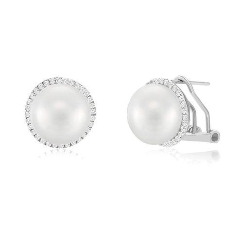 Sterling Silver CZ Pearl Halo Omega Earrings (Available in Gold and Silver!)