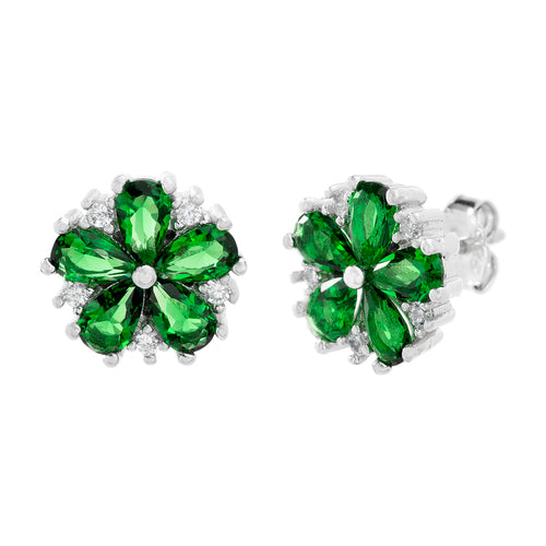 Sterling Silver Flower Earrings (Available in: Emerald, Ruby, Blue, Clear)