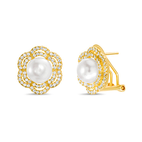 Sterling Silver CZ Pearl Flower Earrings (Available in Gold and Silver)