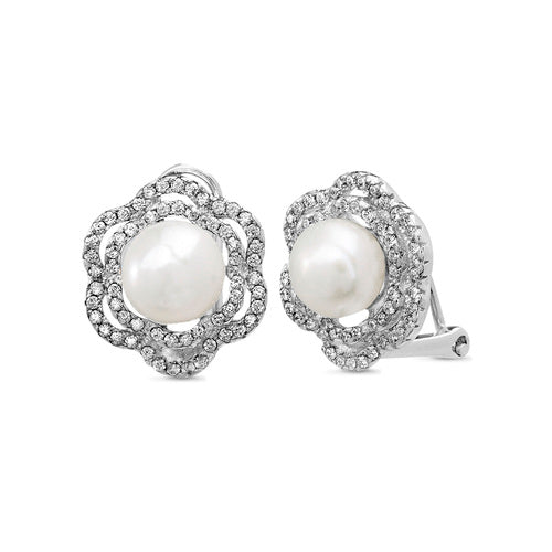 Sterling Silver CZ Pearl Flower Earrings (Available in Gold and Silver)